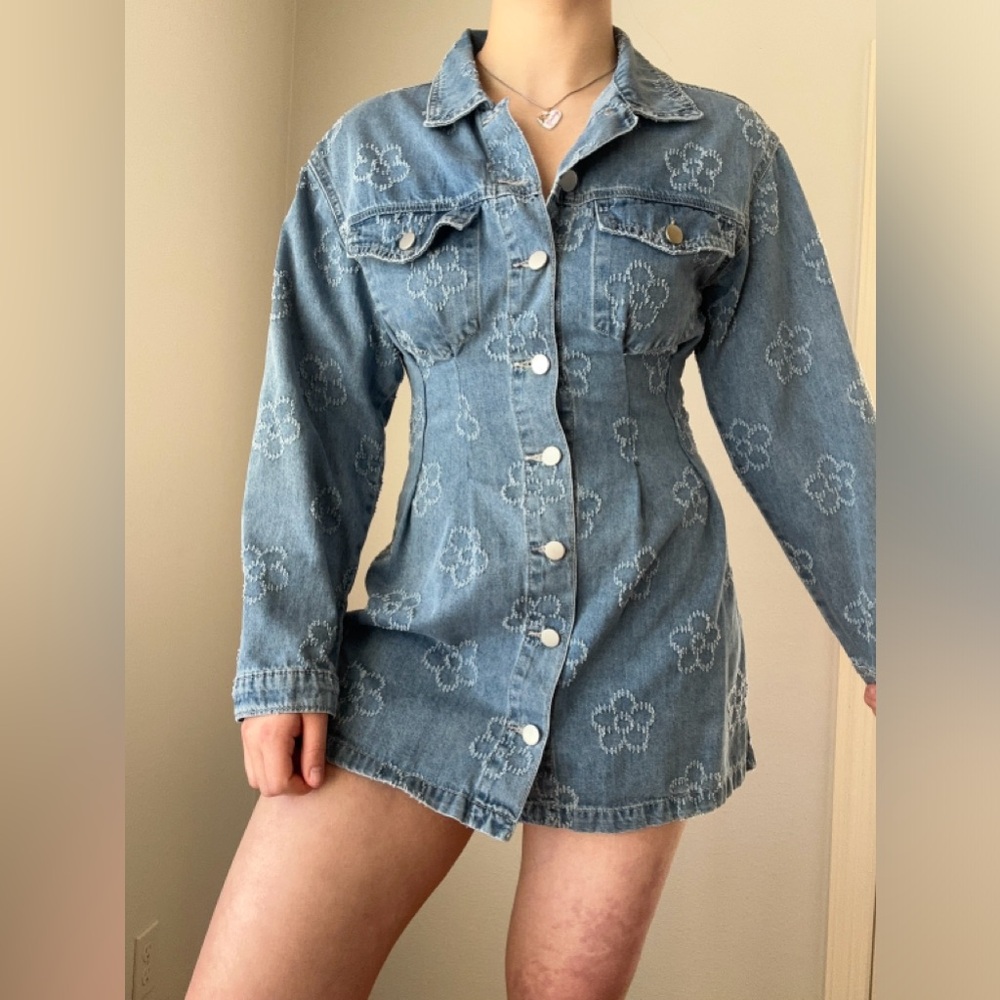 Blue denim mini dress with floral print and button up design #minidress